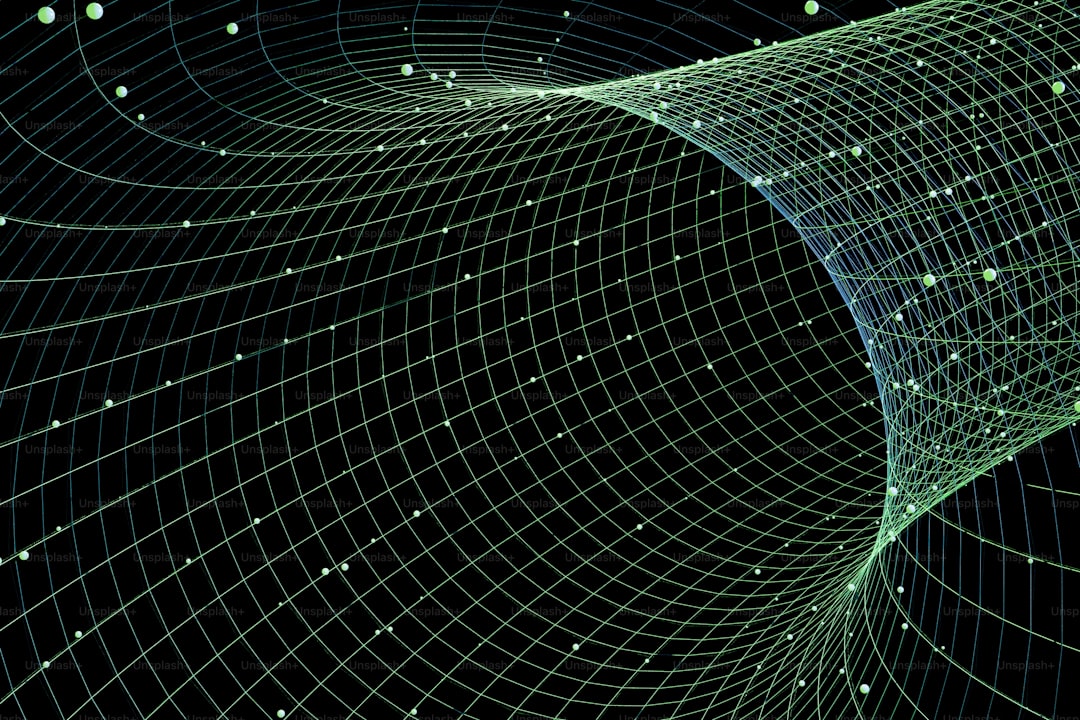 Abstract green grid with floating dots on black.