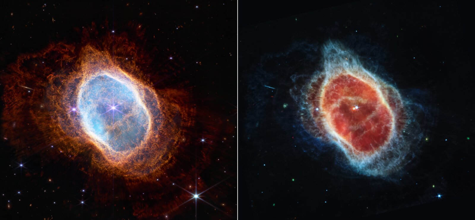 Southern Ring Nebula (NGC 3132) — NIRCam near-infrared (left) and MIRI mid-infrared (right) side by side, revealing different structures in the same object
