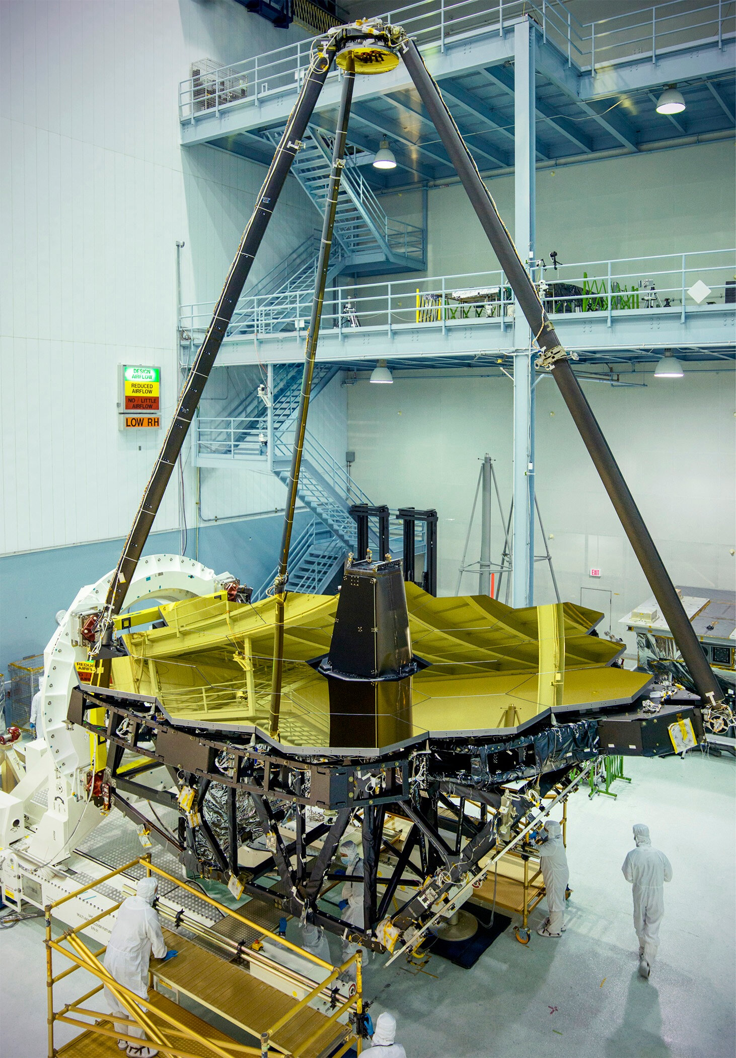 NASA's James Webb Space Telescope's golden primary mirror unveiled at Goddard Space Flight Center during assembly, 2016