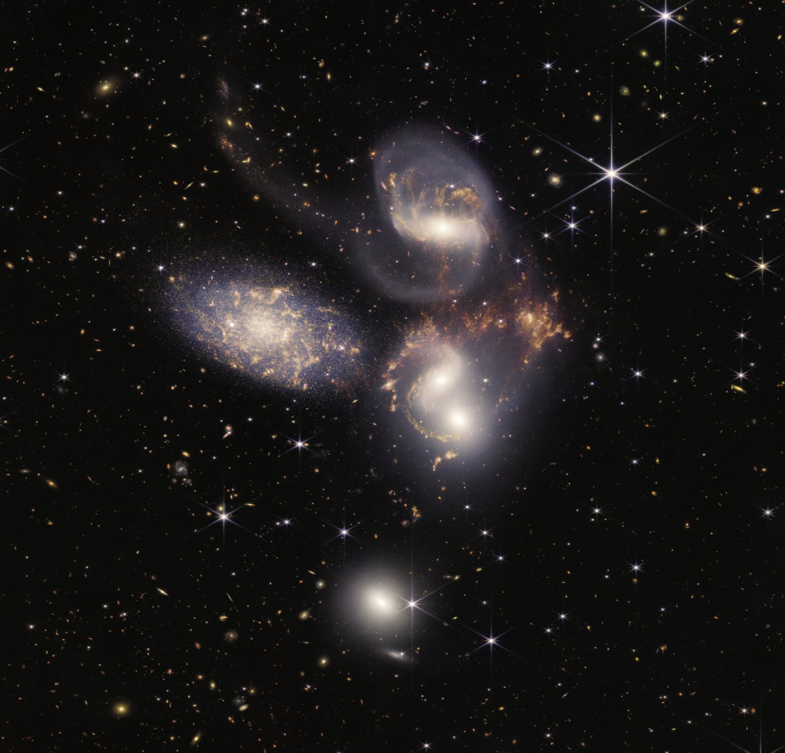 Stephan's Quintet — a compact grouping of five galaxies imaged by JWST's NIRCam, one of the largest first-release images at over 150 million pixels