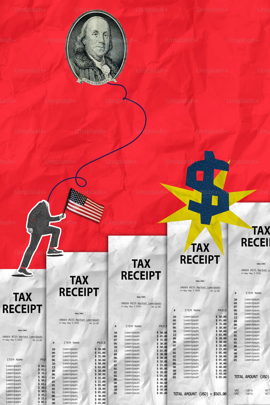 Man climbing tax receipts towards dollar sign and franklin