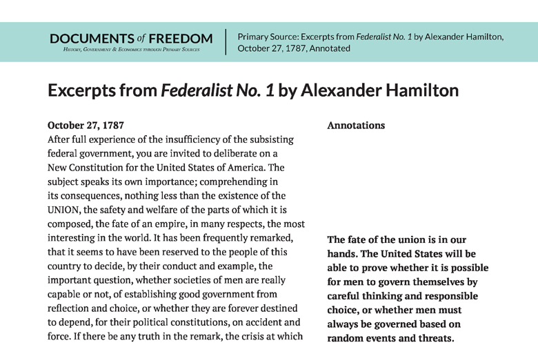 Federalist No. 1 Excerpts Annotated - Bill of Rights Institute