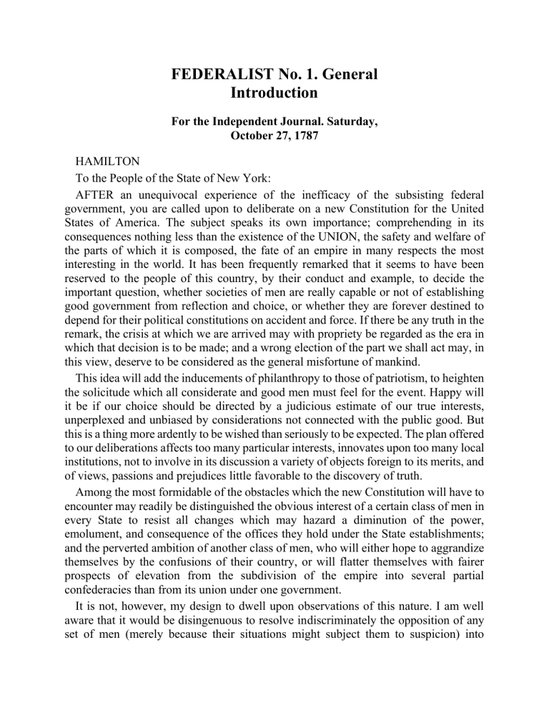 Federalist No. 1: General Introd…