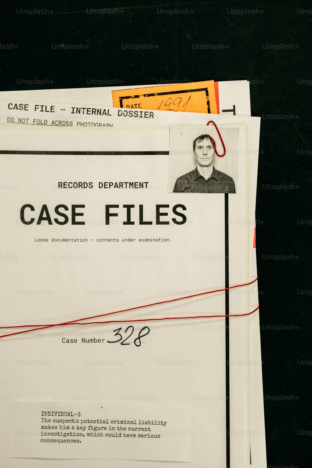 Stack of case files with a man's photo.