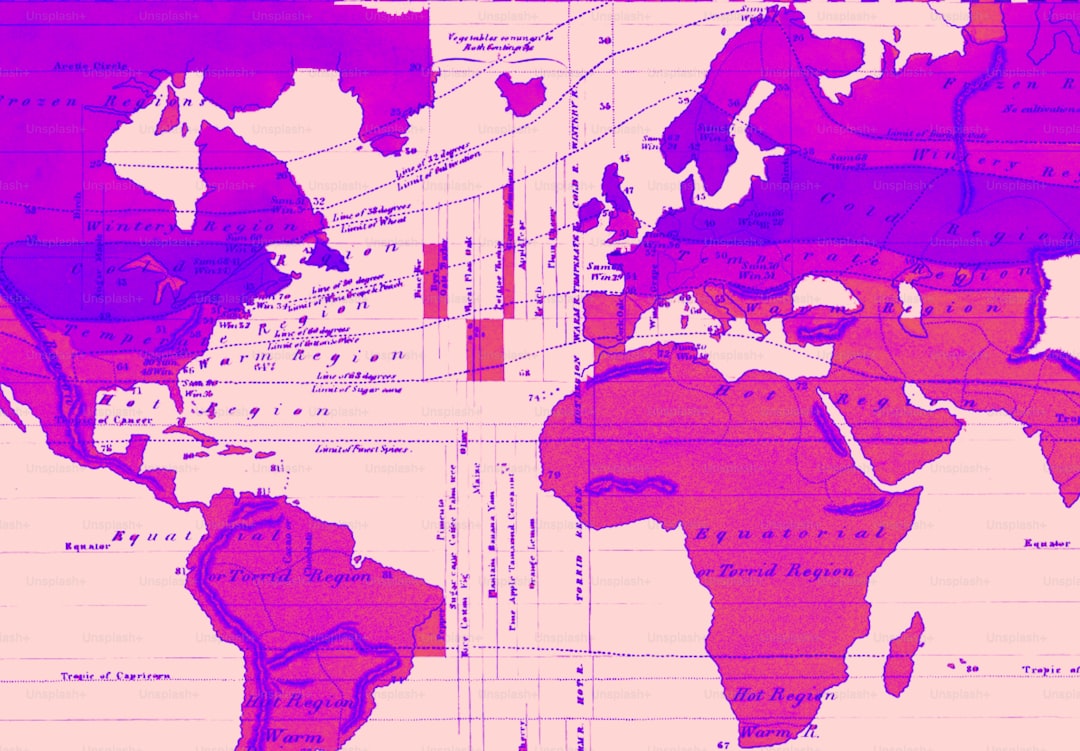 Purple and pink stylized world map with continents.