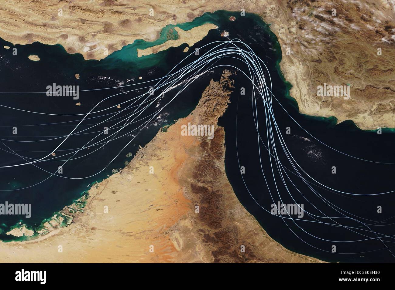 Satellite view of the Strait of Hormuz with white graphic ...