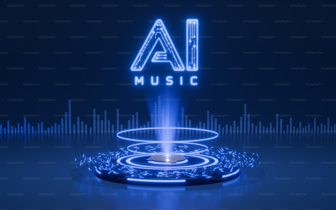 Glowing blue ai music text with futuristic digital elements.