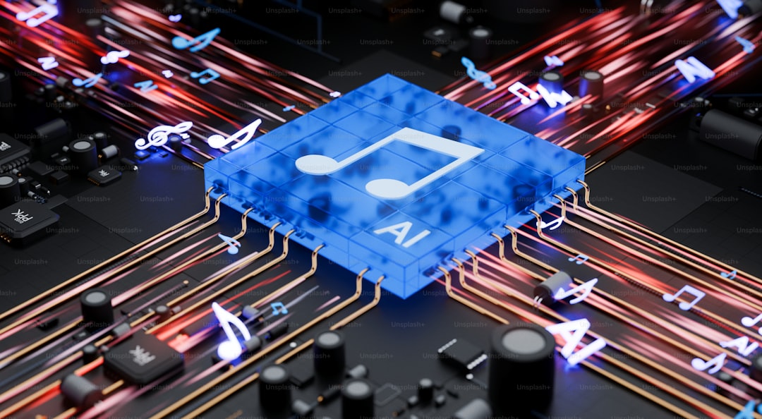 Ai music chip on circuit board with glowing data streams.