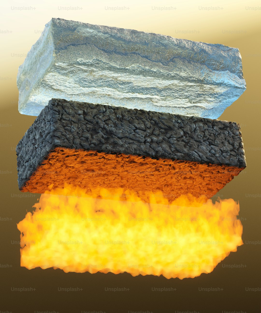 Layers of rock, fire, and char.