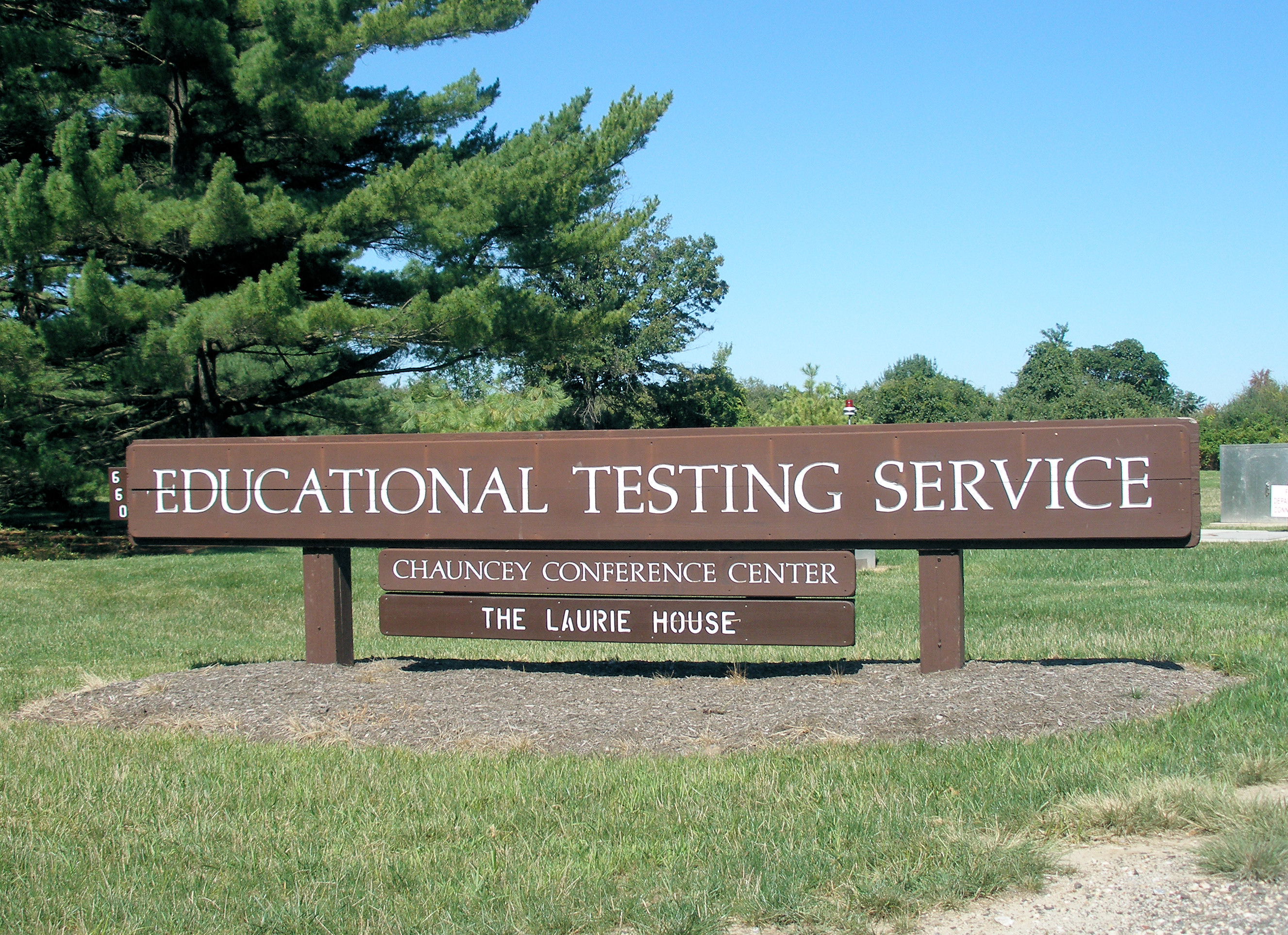 Welcome sign at the entrance to the headquarters complex of the Educational Testing Service in Lawrence Township on Rosedale Road.